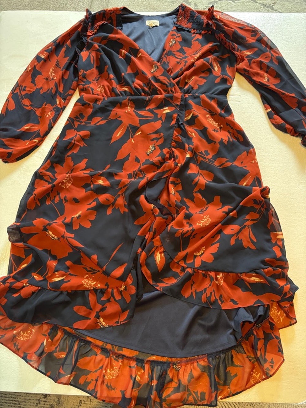 Seven7 Navy Wrap High-Low Dress with Red Floral Print